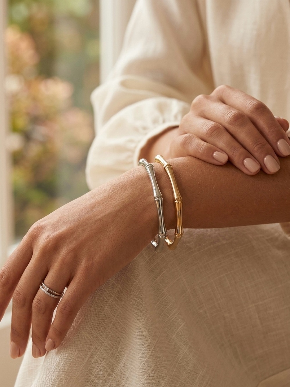 75: House of Harlow Gold and Silver Bamboo-Style Stretchy Bangle Bracelet Duo